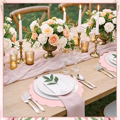 60 Pcs Light Pink Paper Placemats, 13.5 Inch Disposable Scalloped Placemat Round Table Place Mats Decorative Paper for Girls Birthday Wedding Bridal Shower Baby Shower Banquet Tea Party