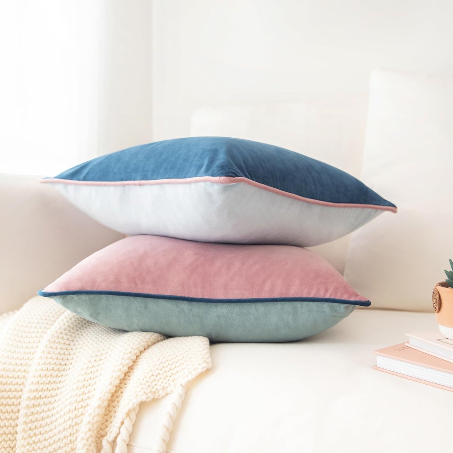 MONDAY MOOSE Decorative Throw Pillow Covers Cushion Cases, Set of 2 Soft Velvet Modern Double-Sided Designs, Mix and Match for Home Decor, Pillow Inserts Not Included (18x18 inch, Pink/Blue)