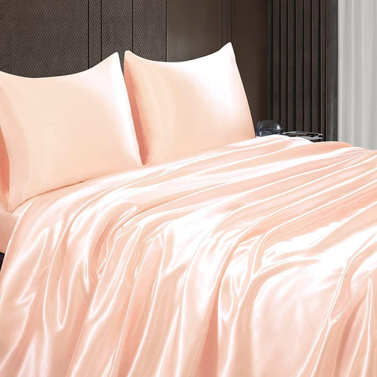 Satin Sheets Queen Size Sets, 4 Piece Peach Satin Bed Sheet Set with 15" Deep Pocket, Soft Satin Sheets Queen - Peach