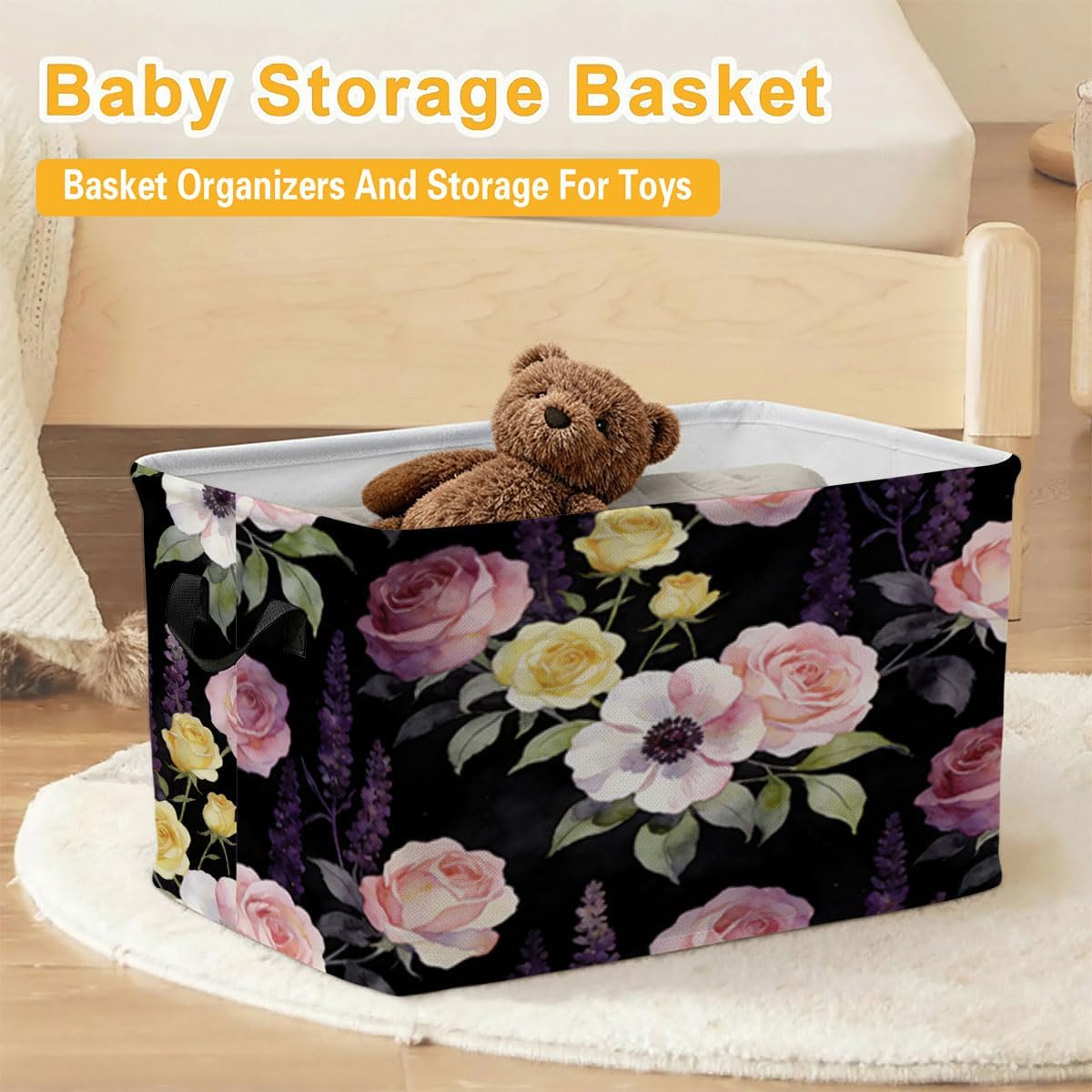 56L Pink Floral Foldable Square Laundry Hamper with Handles – Large Clothes, Blanket & Toy Storage Basket for Home Organization.