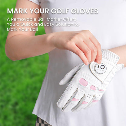 FINGER TEN Women’s Leather Golf Glove with Ball Marker Ladies Gloves Left Right Handed Golfer Extra Grip 1 Pack, Left Right Hand Pink Fit Woman Girl, Size Small Medium Large XL