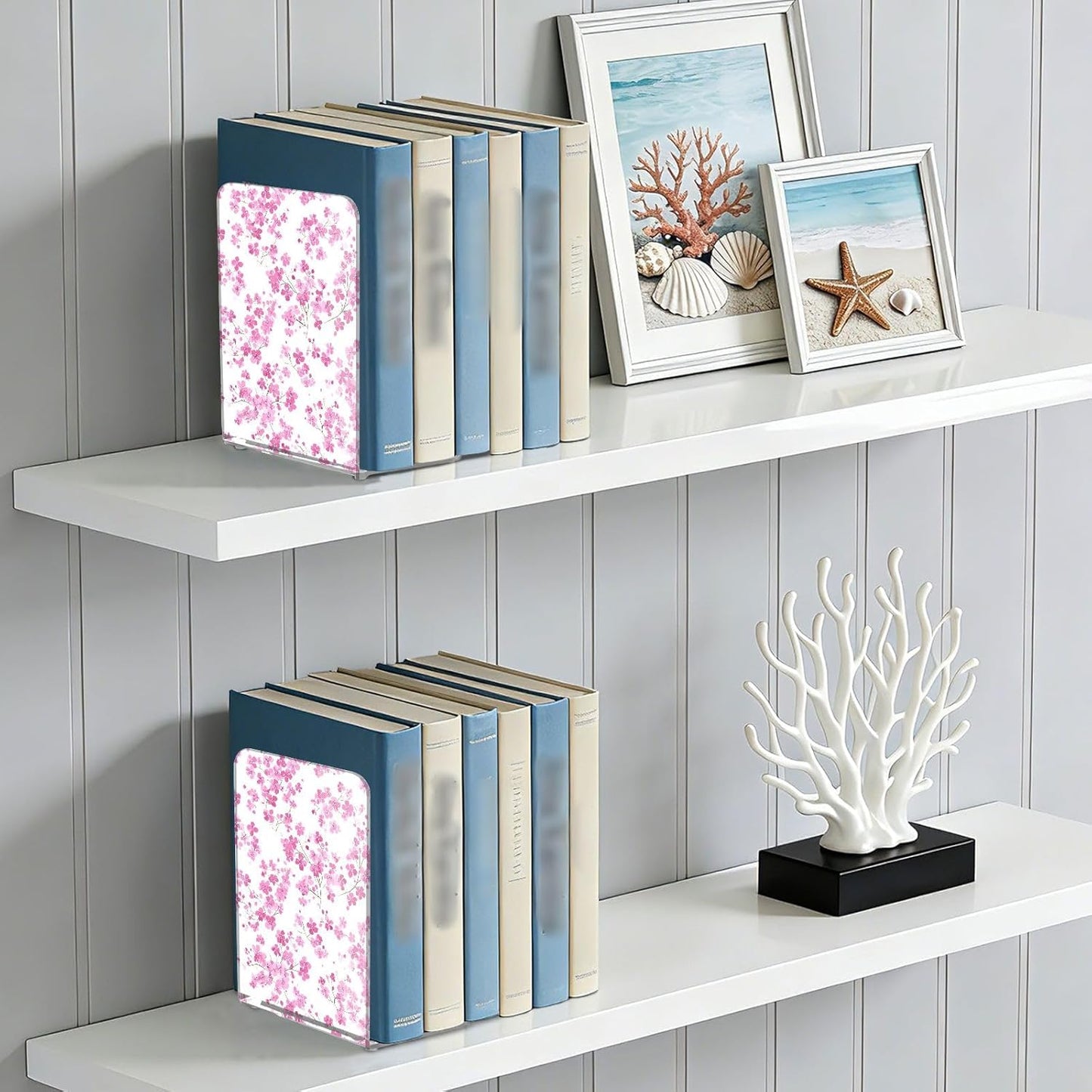 Light Pink Small Floral 8 Bookends Book Ends for Shelves Heavy Books Stopper Decorative Acrylic Non-Slip 1 Pair