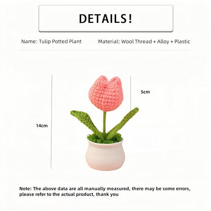 Crochet Tulip Flowers, 2pcs Small Potted Flower Tulip Artificial Flowers Handmade Knitted Tulips Potted Plants for Home Office Desk Decorations Gift (Pink)