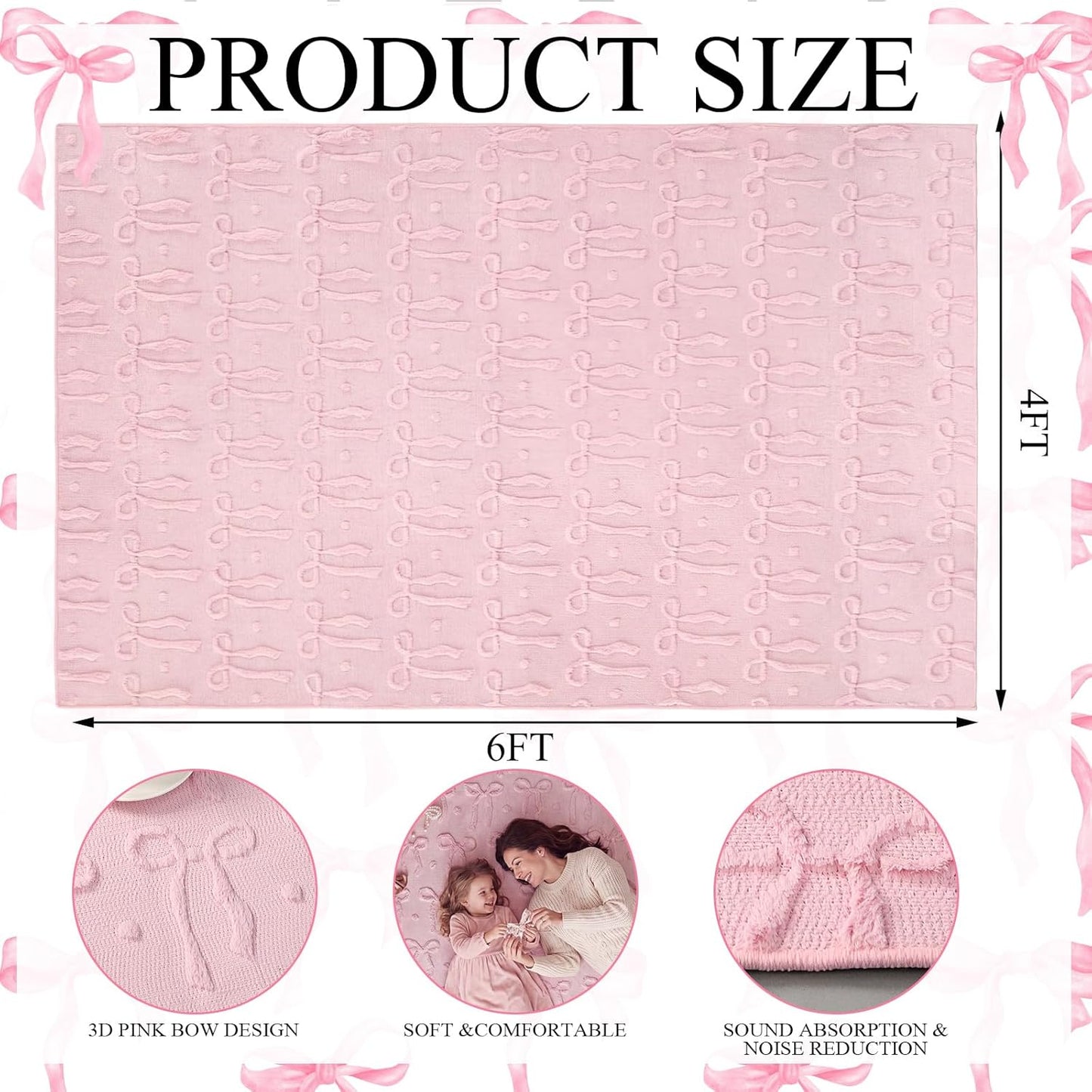 Pink Bow Area Rugs 4 x 6 ft Cute Sweet Throw Rugs Pink Plush Faux Fur Aesthetic Soft Bedroom Carpet for Living Room Dining Playroom Nursery Family Indoor Dorm
