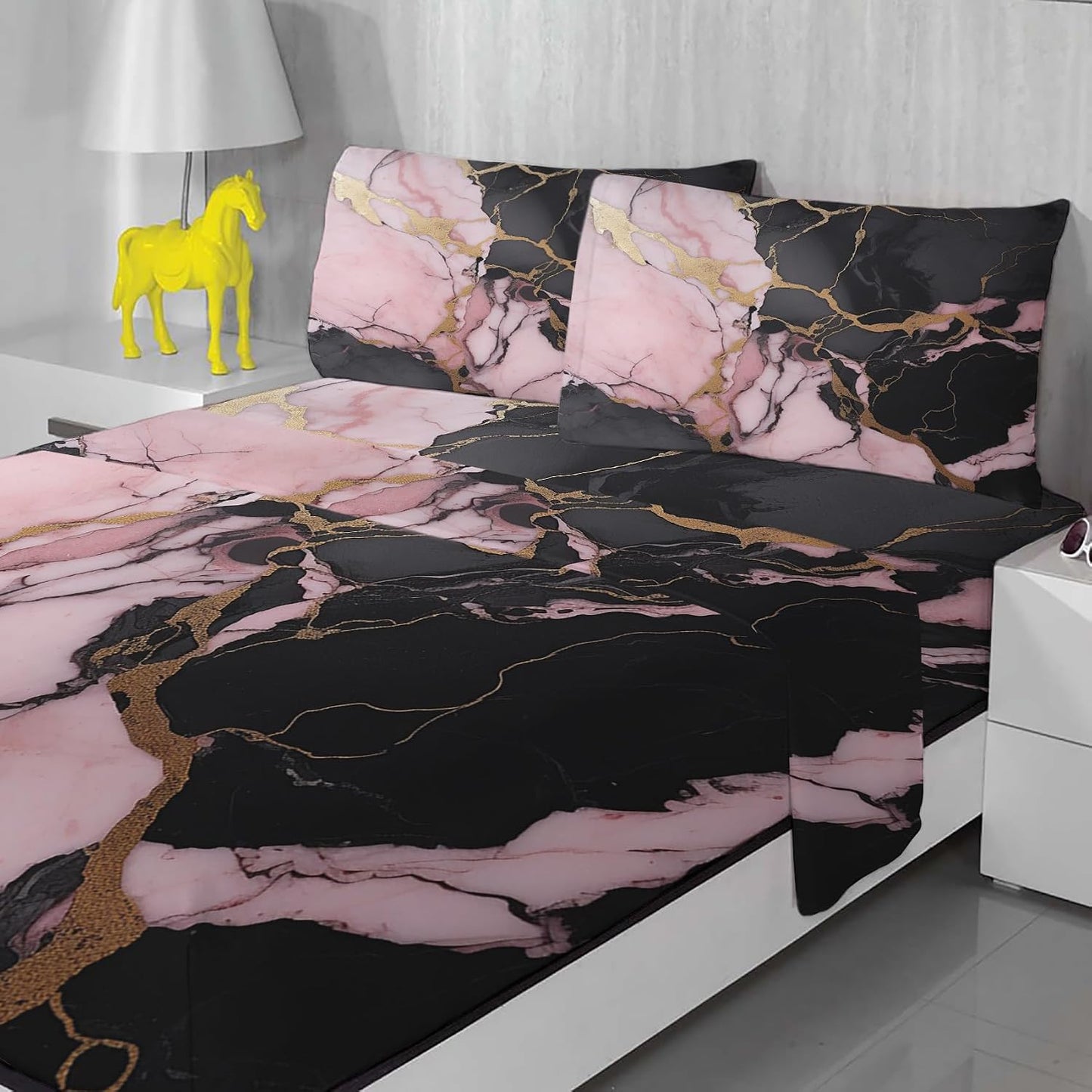 Pink Black Gold Sheets Full Size for Bedroom Decor, Marble Bed Sheets, Soft Breathable Winkle Free Microfiber & Deep Pocket Patterned Bedding Sheets & Pillowcases 4 Piece