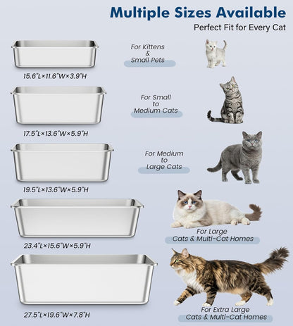 Qiuma Stainless Steel Litter Box, Large Metal Cat Litter Box with High Sided for Big and Small Cats, Non-Stick, Easy to Clean, Odor-Free, 17.5" L×13.6" W×5.9" H, Blush Pink
