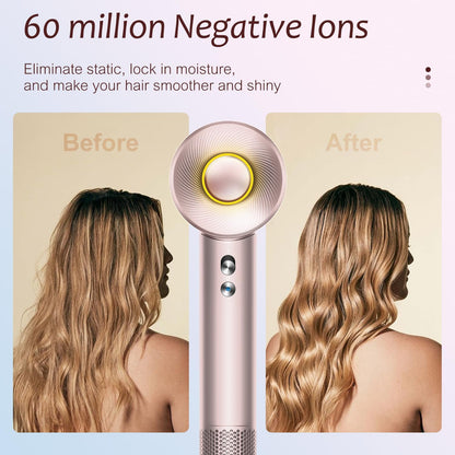 Brushless Powerful Hair Dryer, 1600W 110,000 RPM Fast Drying High Speed Blow Dryer with Negative Ion Technology, Portable Lightweight with Diffuser and Nozzle for Home Salon Travel, Pink