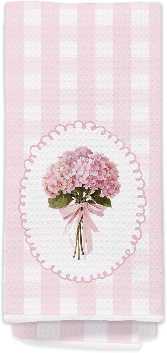Pink Coquette Bow Hydrangea Floral Plaid Kitchen Towels, Cottagecore Botanical Flower Hand Towels for Bathroom, Preppy Girly Pink Checkered Decorative Dish Tea Towel Dishcloth, 16x24 Inch 619