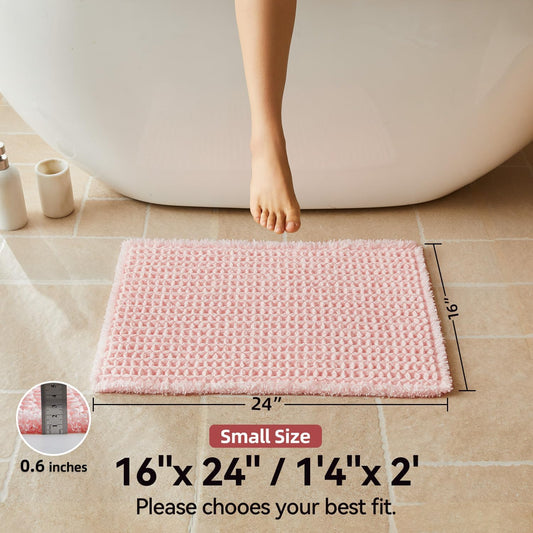 Triohero Waffle Bath Mat, Small Boho Bathroom Rugs Non Slip Washable, Ultra Soft Super Absorbent Quick Dry Farmhouse Bathroom Decor, 16" x 24", Light Peachy Pink