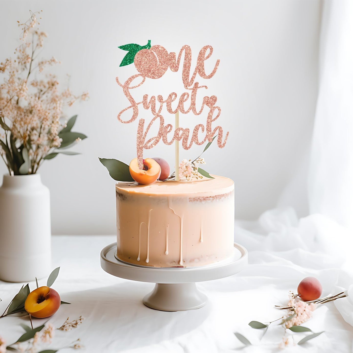 One Sweet Peach Cake Topper, Sweet as a Peach, 1st Birthday Cake Topper, Peach Baby Shower Birthday Party Decorations, Rose Gold Glitter