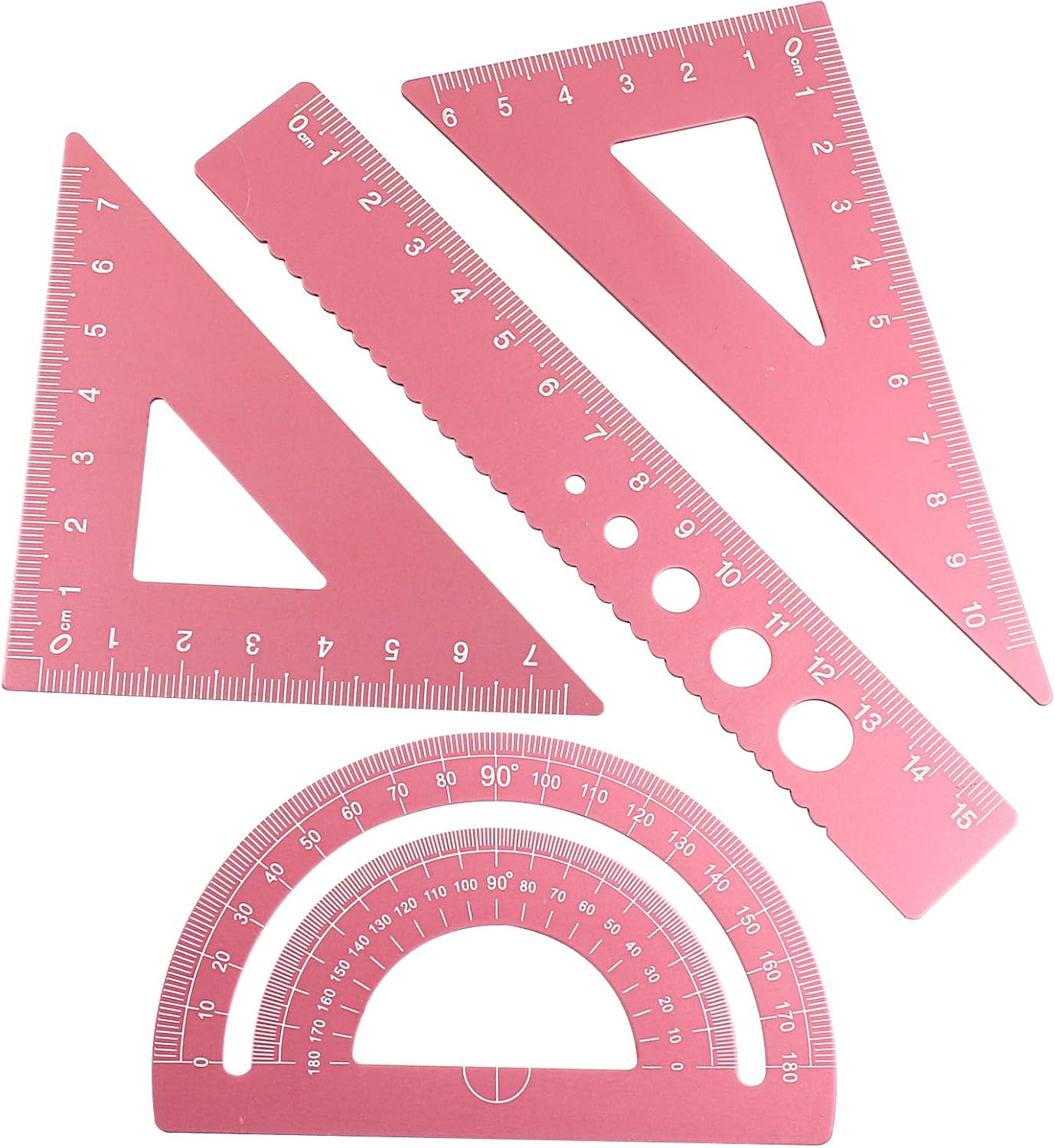 4 Pcs Triangular Ruler Set, Aluminum Alloy Geometry Tools, Metal Drafting Ruler for Students, Draftsmen, Engineers, School Office Supplies with Protractor & Metric Scales (Pink)