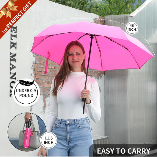 Anntrue Windproof Travel Umbrella, Auto Open Close Lightweight Compact Portable Backpack Folding Umbrella, Perfect for Car, Purse, Men and Women(Pink)