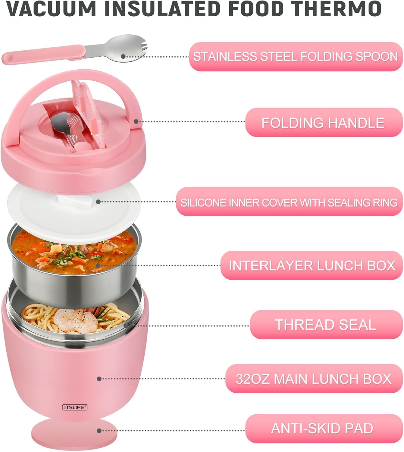 Itslife 32oz Insulated Soup Thermo, Vacuum Stainless Steel Food Jar for Hot & Cold Food, Leakproof Wide Mouth Lunch Container with Spoon (Light Pink)