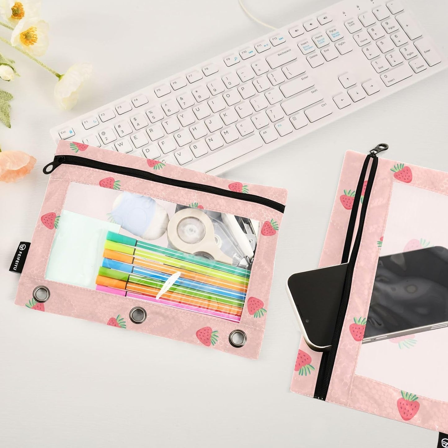 Fustylead Pink Strawberry Pencil Pouch Fits Standard 3-Ring Binders, Zipper Binder Pencil Bag with Clear Window for Office School Class Students 2 Pack