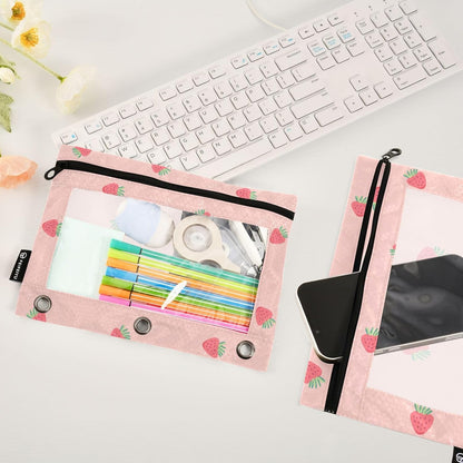 Fustylead Pink Strawberry Pencil Pouch Fits Standard 3-Ring Binders, Zipper Binder Pencil Bag with Clear Window for Office School Class Students 2 Pack