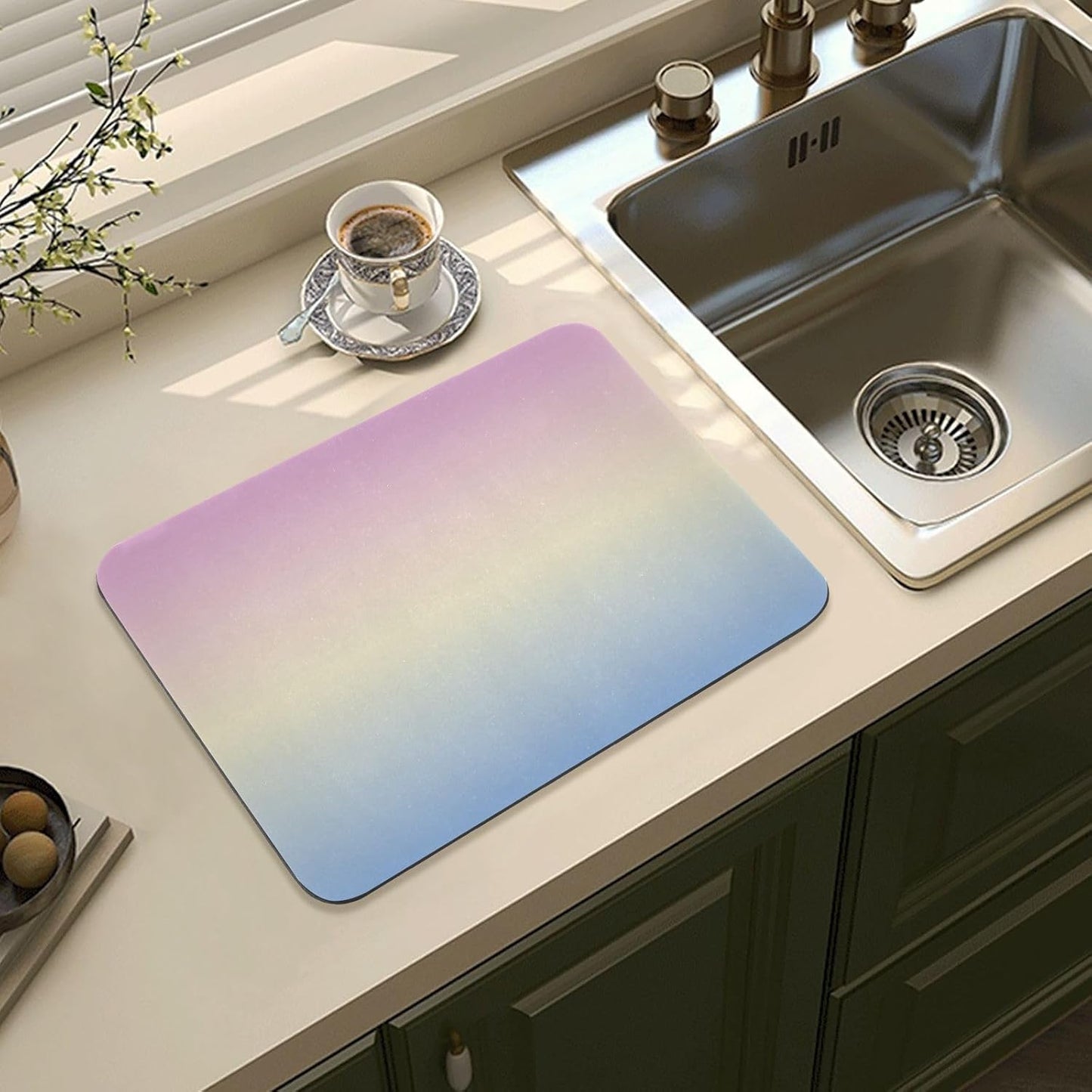 Blue Light Pink Gradient Dish Drying Mat for Kitchen Counter Absorbent Coffee Bar Mat for Countertops Easy to Clean Kitchen Drying Mats for Sink Dishes Pans Rack Utensils, 23.6"x19.7"