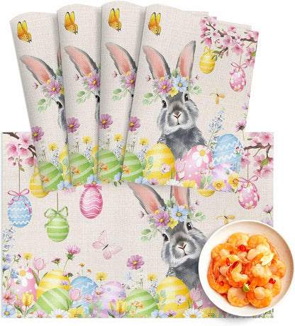 Easter Rabbits Placemats Set of 4, Washable PVC Kitchen Table Mats Place Mats, Weeping Pink Peach Eggs Vintage Beige Spring Woven Vinyl Placemat for Dining Table, 13" x 19"
