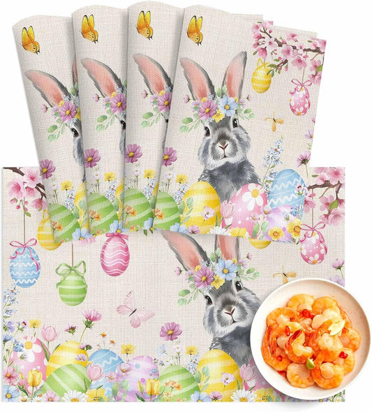 Easter Rabbits Placemats Set of 4, Washable PVC Kitchen Table Mats Place Mats, Weeping Pink Peach Eggs Vintage Beige Spring Woven Vinyl Placemat for Dining Table, 13" x 19"