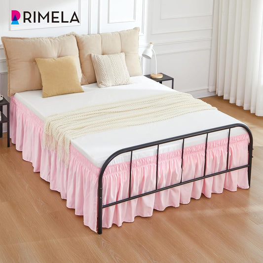 RIMELA Pink Bed Skirt Queen Size 15 Inch Drop Split Corners, Wrap Around Elastic Bedskirt, Dust Ruffle for Adjustable Bed Base Machine Washable Easy to Install Bed Skirts