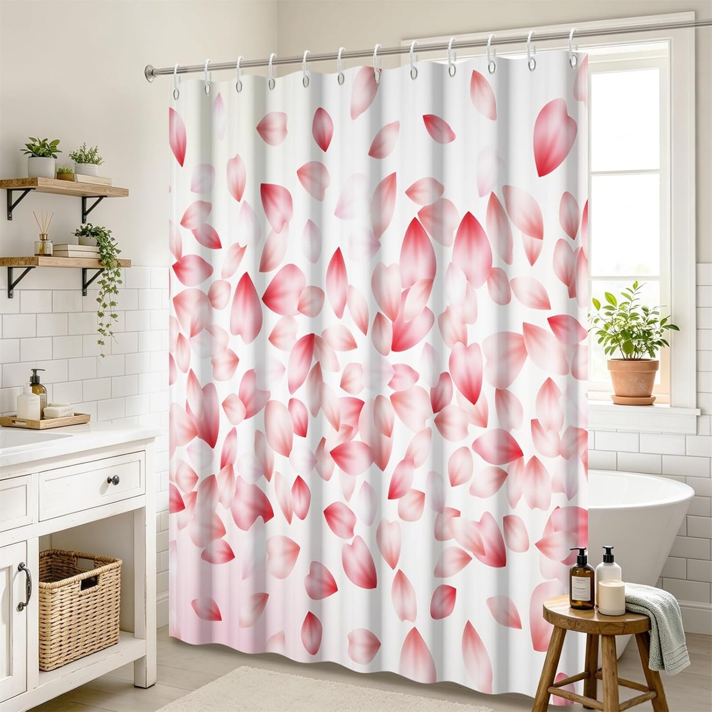 Cherry Blossom Petal Shower Curtain, Light Pink and White Floral Girly Aesthetic Shower Curtains for Bathroom, Farmhouse Waterproof Polyester Bathtub Curtain Set with 12 Hooks, 72x72 Inches