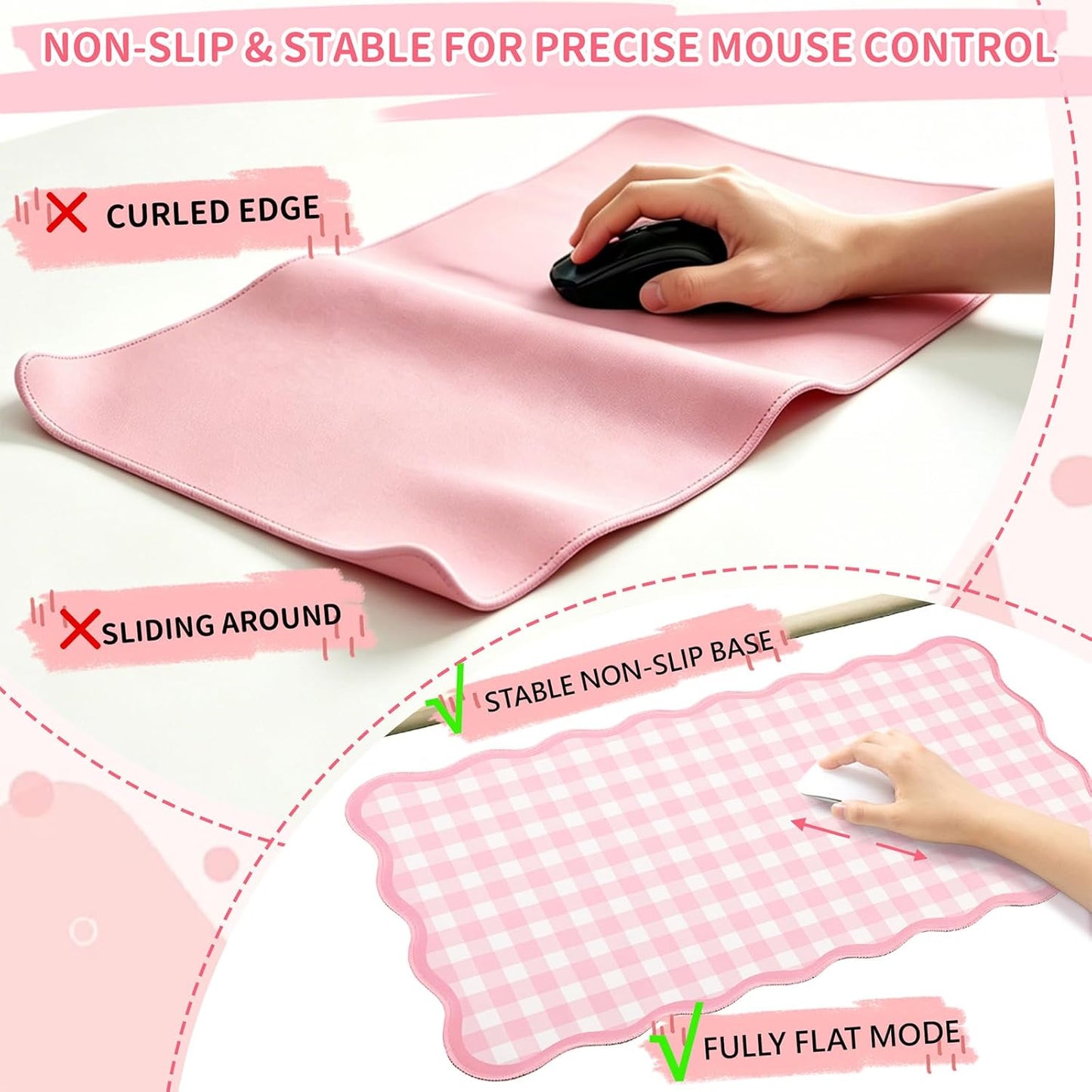 Scalloped Gingham Pink Desk Mat,31.5" x 15.7" Large Cute Aesthetic Desk Mat for Keyboard Mouse, Non Slip Computer Desk Pad,Green Girly Desk Cover Mouse Pad for Desktop Office Home Dorm Decor (Pink)
