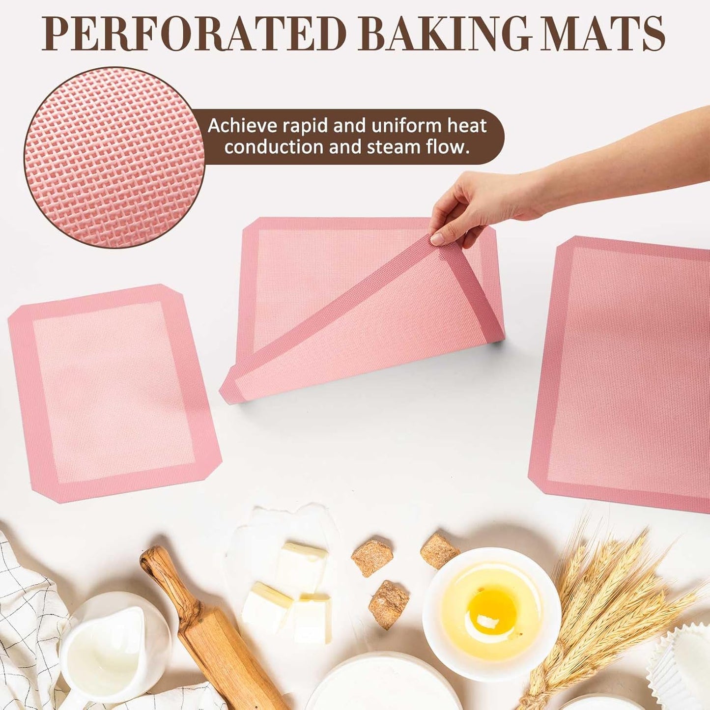 3 Pack Perforated Silicone Baking Mat, Non Stick Pink Baking Mats 2 Half Sheets 16.5"x11.6" & 1 Quarter Sheet, Food Reusable Safe Oven Liners Mats for Making Cookies, Macaroons, Bread