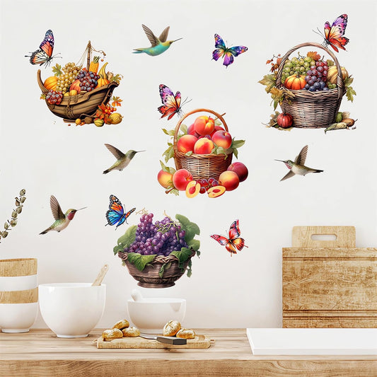 Colorful Fruits Basket Butterfly Hummingbirds Wall Stickers, sacinora Grapes Peaches Pumpkin DIY Wall Decals Removable Vinyl Peel and Stick for Kitchen Living Room Bedroom Art Home Decorations