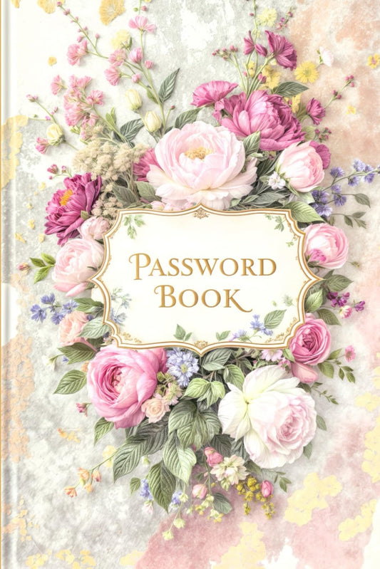 Pastel Floral Password Book – Elegant Pink & Peach Roses and Peonies with Gold Label – Romantic Vintage Watercolor Organizer by Volumani N