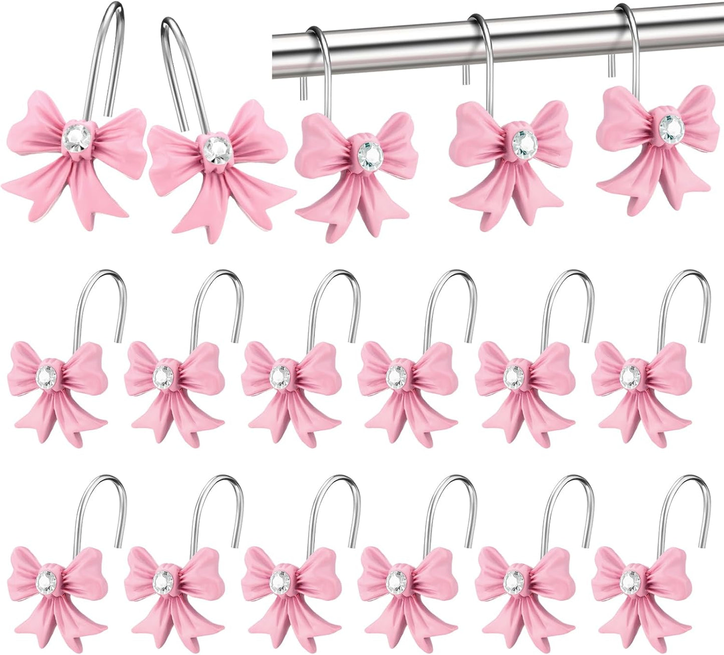 CroBlissful 12 Pcs Pink Bow Decorative Shower Curtain Hooks Bow Shower Curtain Stainless Steel Resin Knot Hooks Bulk Decorative for Home Bathroom Decor Supplies