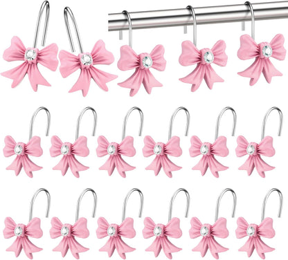 CroBlissful 12 Pcs Pink Bow Decorative Shower Curtain Hooks Bow Shower Curtain Stainless Steel Resin Knot Hooks Bulk Decorative for Home Bathroom Decor Supplies