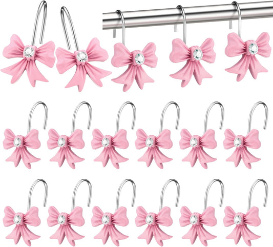 CroBlissful 12 Pcs Pink Bow Decorative Shower Curtain Hooks Bow Shower Curtain Stainless Steel Resin Knot Hooks Bulk Decorative for Home Bathroom Decor Supplies