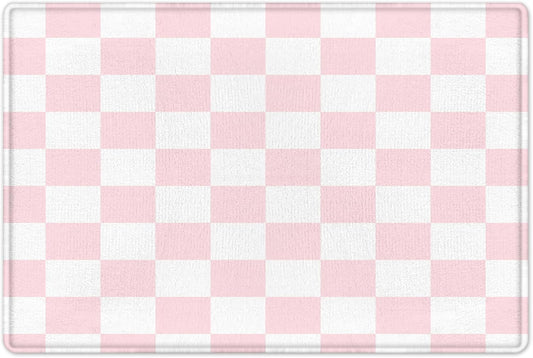 HVEST Pink Checkered Bath Mat for Bathroom, Modern Minimalist Plaid Pattern Non-Slip Bathroom Mat, Checkerboard Memory Foam Bath Rug, Shower Mats, Quick-Drying Toilet Rug, 23X15 Inches