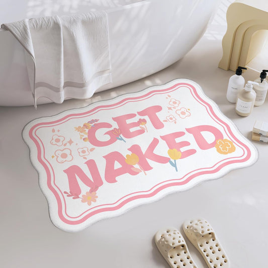 Get Naked Bath Mat, Scalloped Pink Ultra Thin Soft Non Slip Absorbent Machine Washable Bathroom Rugs, Large Quick Dry Low Pile Fluffy Cute Funny Bath Rugs for Bathroom Floor