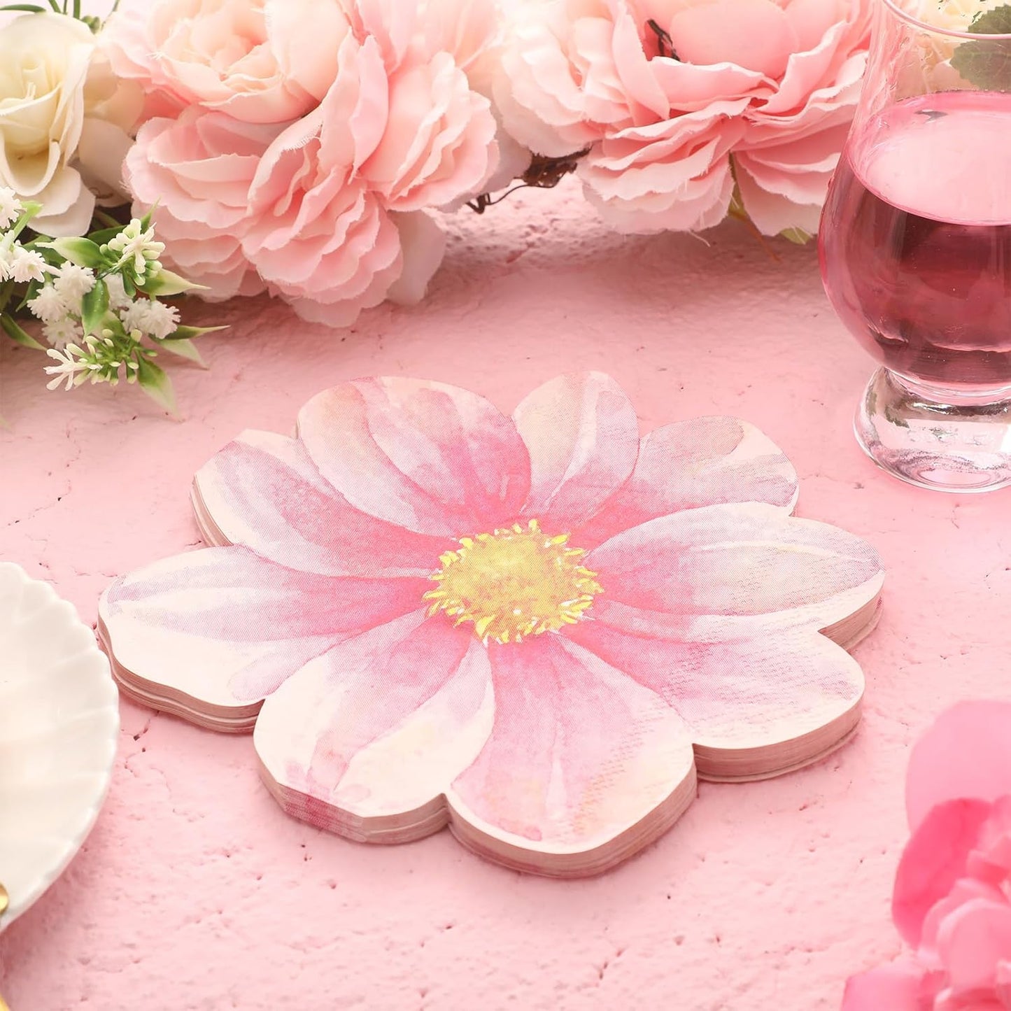 Qilery 100 Pcs Flower Shaped Napkins Disposable Floral Paper Napkins Summer Decorative Flower Tableware for Wedding Bridal Baby Shower Spring Birthday Dinner Party Decor(Pink)