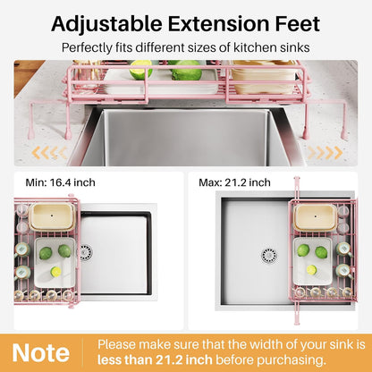 SNTD Dish Drying Rack - Extendable Dish Rack, Large Sink Drying Dish Drainer for Kitchen Counter, Stainless Steel Dish Strainer with Utensil Holder (Pink)