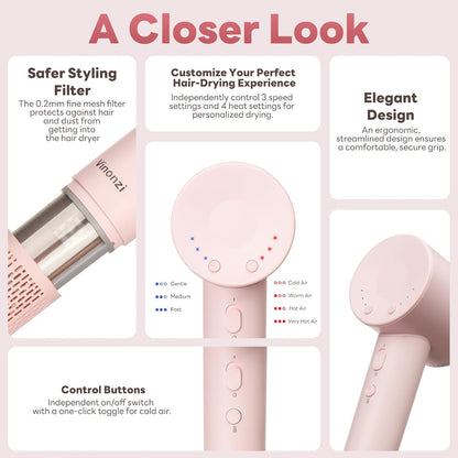 Hair Dryer, High-Speed Ionic Low Noise Blow Dryer with Brushless Motor for Fast Drying, Thermo-Control Quiet Compact Pink Hair Blow Dryers with Magnetic Diffuser for Curly Hair for Home Travel Salon