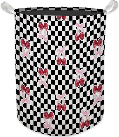 Coquette Pink Cherry Bow Laundry Basket, Toybox for Girls Room, Checkered Laundry Basket Hamper Waterproof Collapsible Clothes Toys Storage Bin Organizer for Bedroom Bathroom Girls Room Dorm