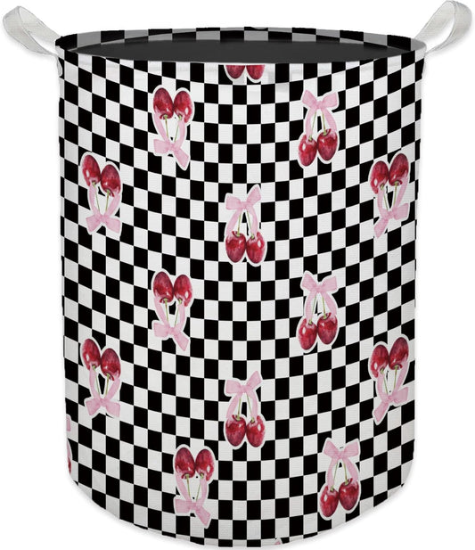 Coquette Pink Cherry Bow Laundry Basket, Toybox for Girls Room, Checkered Laundry Basket Hamper Waterproof Collapsible Clothes Toys Storage Bin Organizer for Bedroom Bathroom Girls Room Dorm