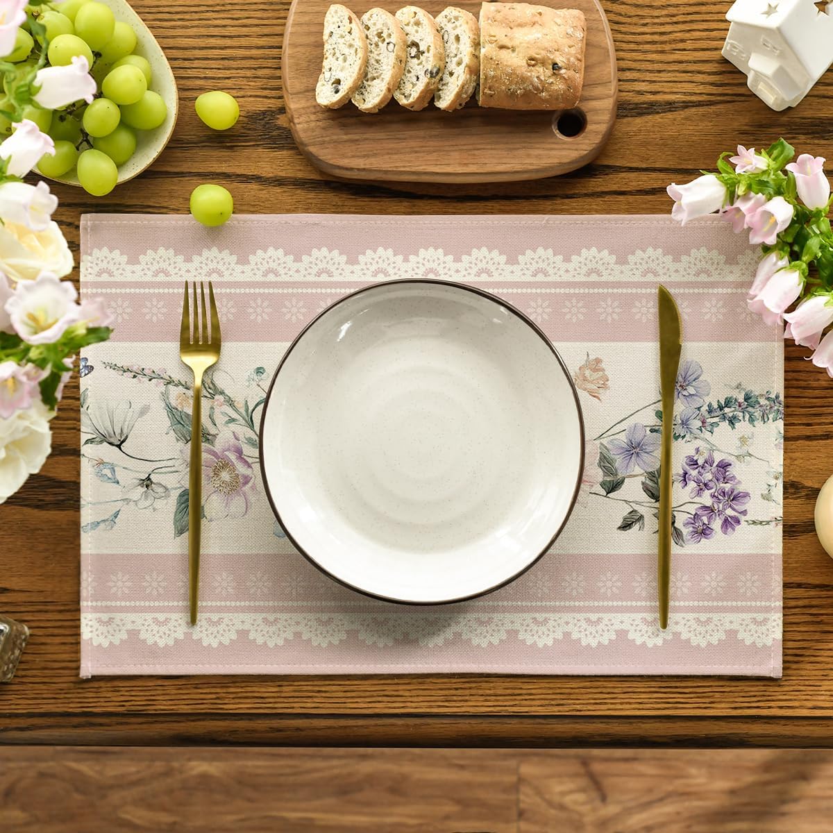 Artoid Mode Pink Printed Lace Floral Spring Placemats Set of 4, 12x18 Inch Seasonal Summer Holiday Table Mats for Party Kitchen Dining Decoration