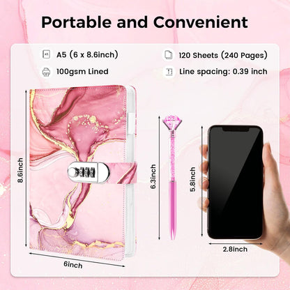 Koogel Diary with Lock for Girls Ages 8-12, A5 Journal with Lock 240 Pages, Kids Locking Secret Diary Writing Journal with Pen, Cute Birthday Gifts Stuff for Teen Tween Girls Age 8 9 10 11 12, Pink