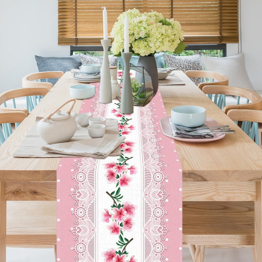 Light Pink Printed Lace Floral Spring Table Runner, 13x72 Inch | Seasonal Summer Kitchen Dining Table Decoration for Holiday Home Dining Style Table Party Decoration