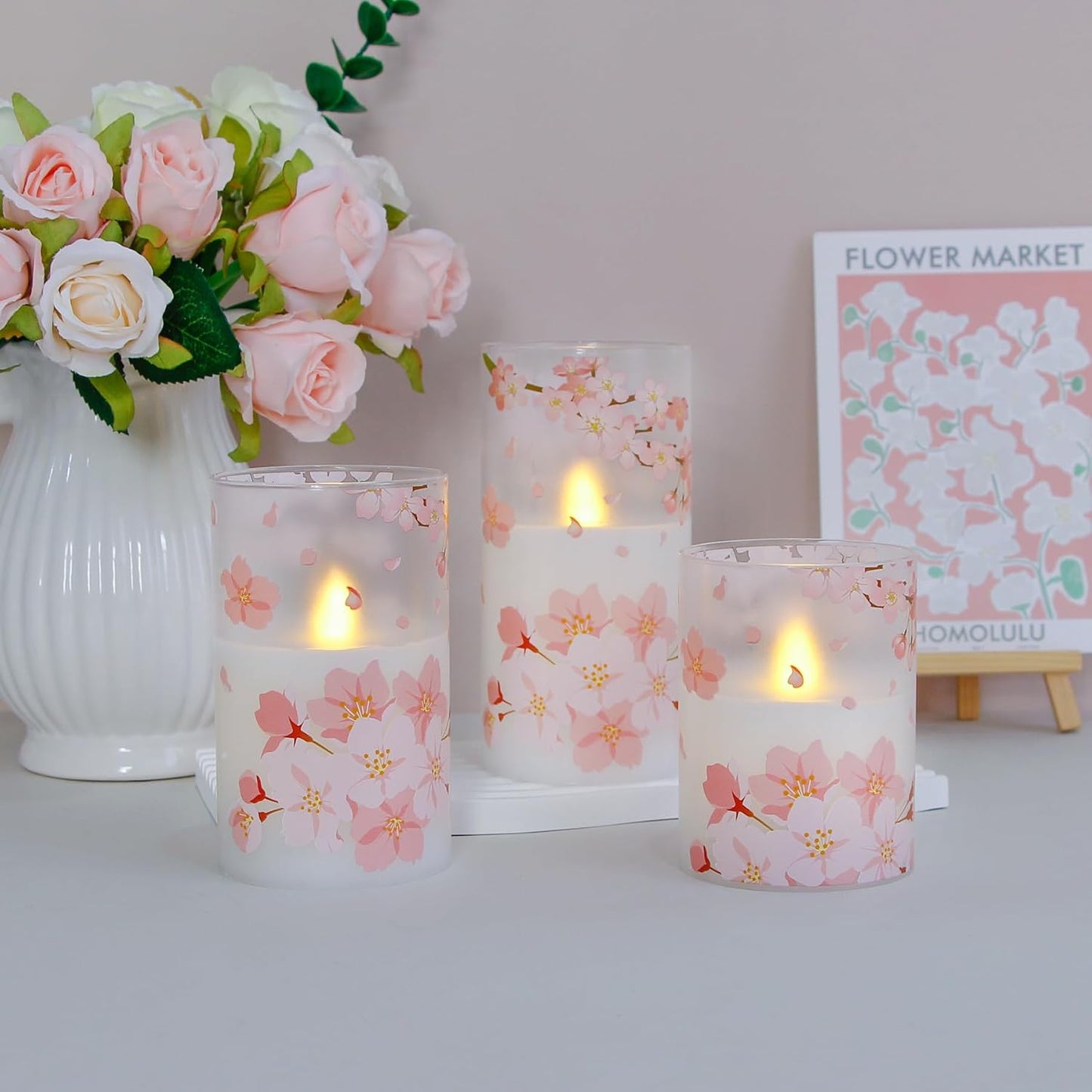Flameless Flickering Glass Candles with Remote and Timer,Cherry Blossoms LED Battery Operated Real Wax Set of 3 Realistic Wick Electric Pillar Candles,Warm Fire(3 x 4, 5, 6 Inches)