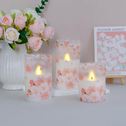 Flameless Flickering Glass Candles with Remote and Timer,Cherry Blossoms LED Battery Operated Real Wax Set of 3 Realistic Wick Electric Pillar Candles,Warm Fire(3 x 4, 5, 6 Inches)