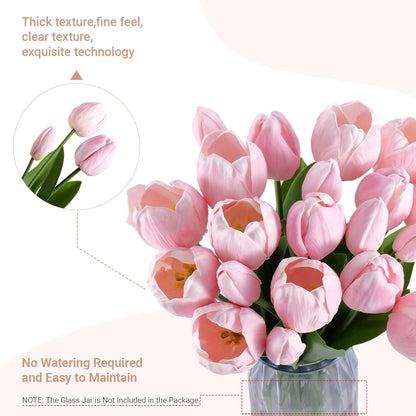 16 inch Fake Tulips Artificial Flowers, 20PCS Real Touch Fakes Tulip Plants for Bridesmaid Bouquet and Wedding Ceremony Festivals Anniversary Bridal Rehearsal Party Bar Table Decor-Pink