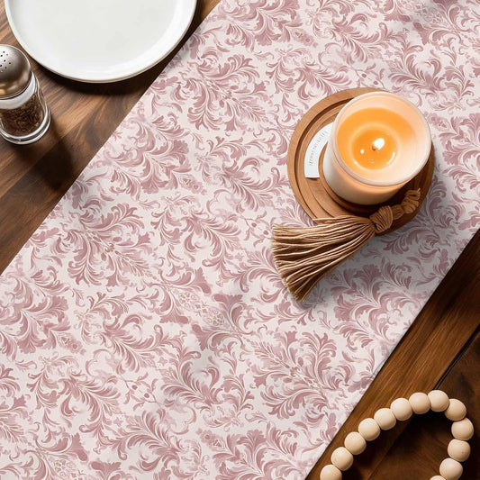 Pink Baroque Cotton Linen Table Runner for Dining Kitchen, Farmhouse Scroll Floral Damask Patterned Wedding Outdoor Party Tablerunners Decoration, Dresser Scarf Coffee Tablecloth Runners 13x72 Inches