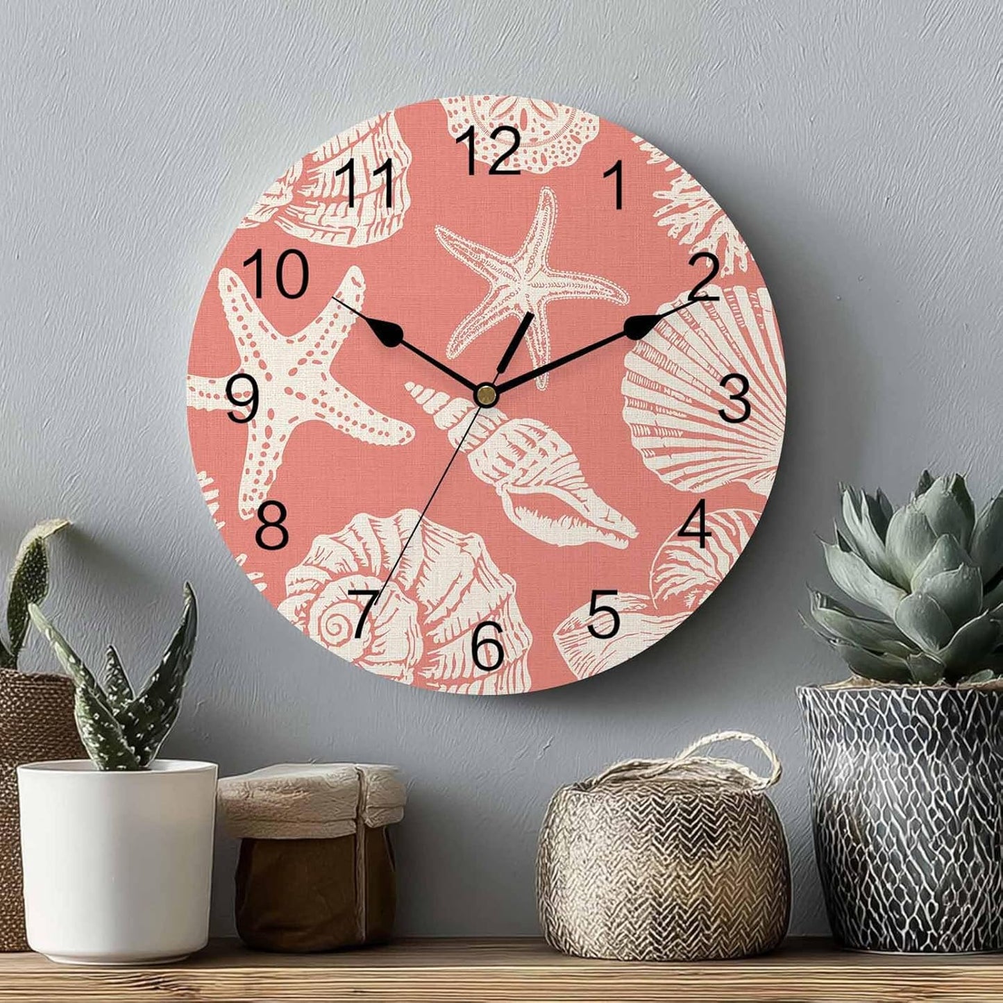 Ocean Coastal Wall Clocks Battery Operated Shells Starfish Conch Coral Red Linen Large Wall Clock for Bedroom Kitchen Living Room Bathroom Decorative 10"x10"
