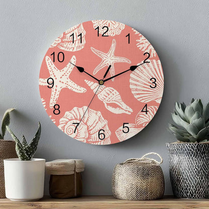Ocean Coastal Wall Clocks Battery Operated Shells Starfish Conch Coral Red Linen Large Wall Clock for Bedroom Kitchen Living Room Bathroom Decorative 10"x10"