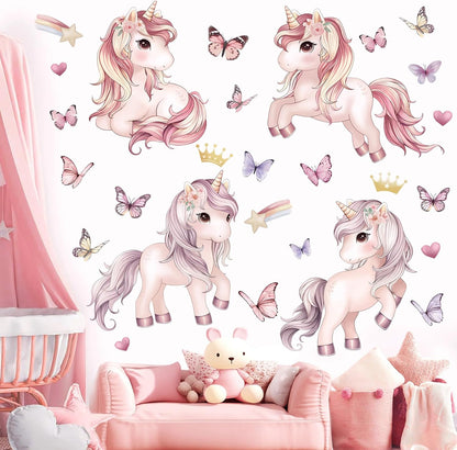 wondever Unicorn Butterfly Wall Stickers Pink Unicorn Rainbow Heart Peel and Stick Wall Art Decals for Girls Bedroom Kids Room Baby Nursery