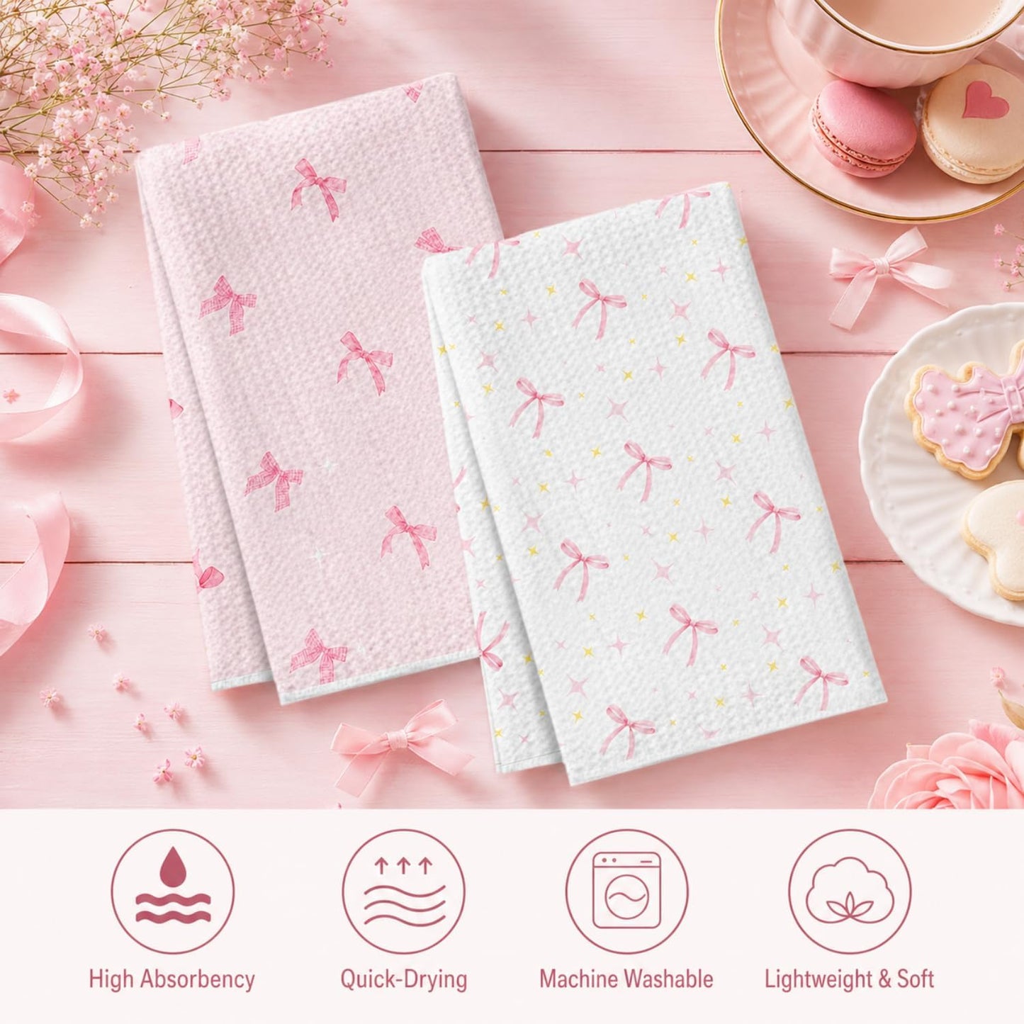 wuguimeii Coquette Pink Bow Decor Towels on Bathroom Kitchen - Pink Hand Towel Bathroom Accessories - Preppy Girly Decorations Dish Tea Towels 16x24 inches