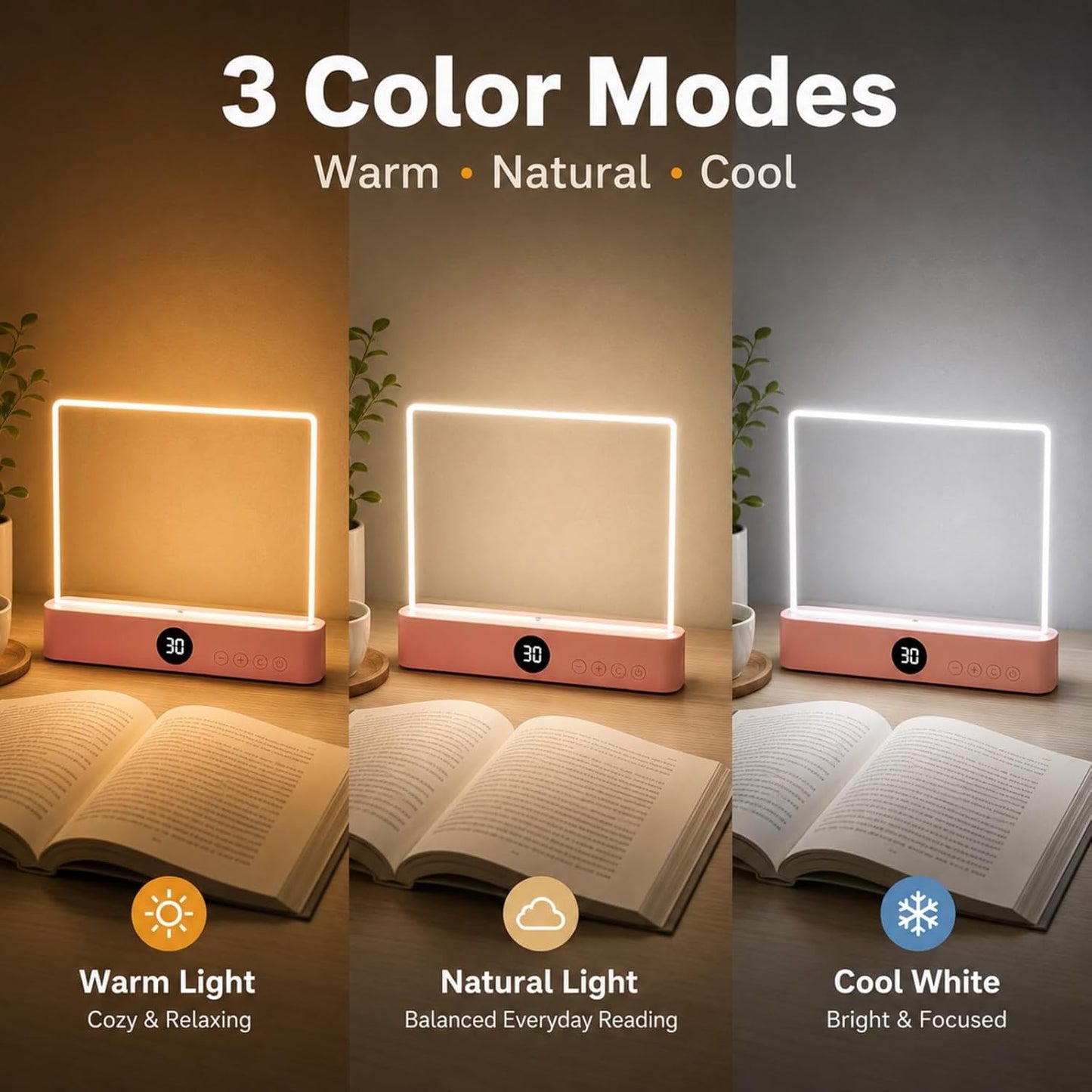 TWINPAIR LED Book Light for Reading, USB Rechargeable Flat Reading Lamp with Full Page Light, 3 Colors 2 in 1 Night Light,Dimming & Timer Reading Light Gift for Book Lovers, Students, Readers (Pink)